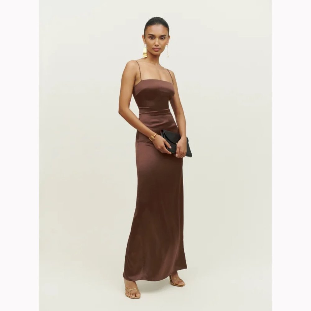 NWOT Reformation Frankie Silk Dress in Cafe Brown Sleeveless Maxi